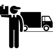 Umzugshelfer steht vor Transporter mit Umzugskarton Icon